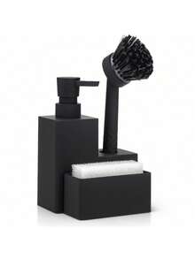 1pc Black 3-In-1 Kitchen Dishwashing Tool With Sponge Holder And Brush