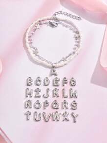 2pcs/Set Elegant 26 Alphabet Pendant, White Faux Pearl Stretch Five-Pointed Star Anklets Set, Fashion Jewelry Suitable For Beach, Travel, Summer Essential