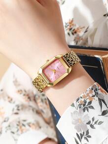 1 pièce Montre à quartz de mode pour femmes avec cadran carré simple gradué, boîtier plaqué or de haute qualité, bracelet en acier inoxydable, convient pour un cadeau d'anniversaire, d'anniversaire de mariage ou de fête des mères