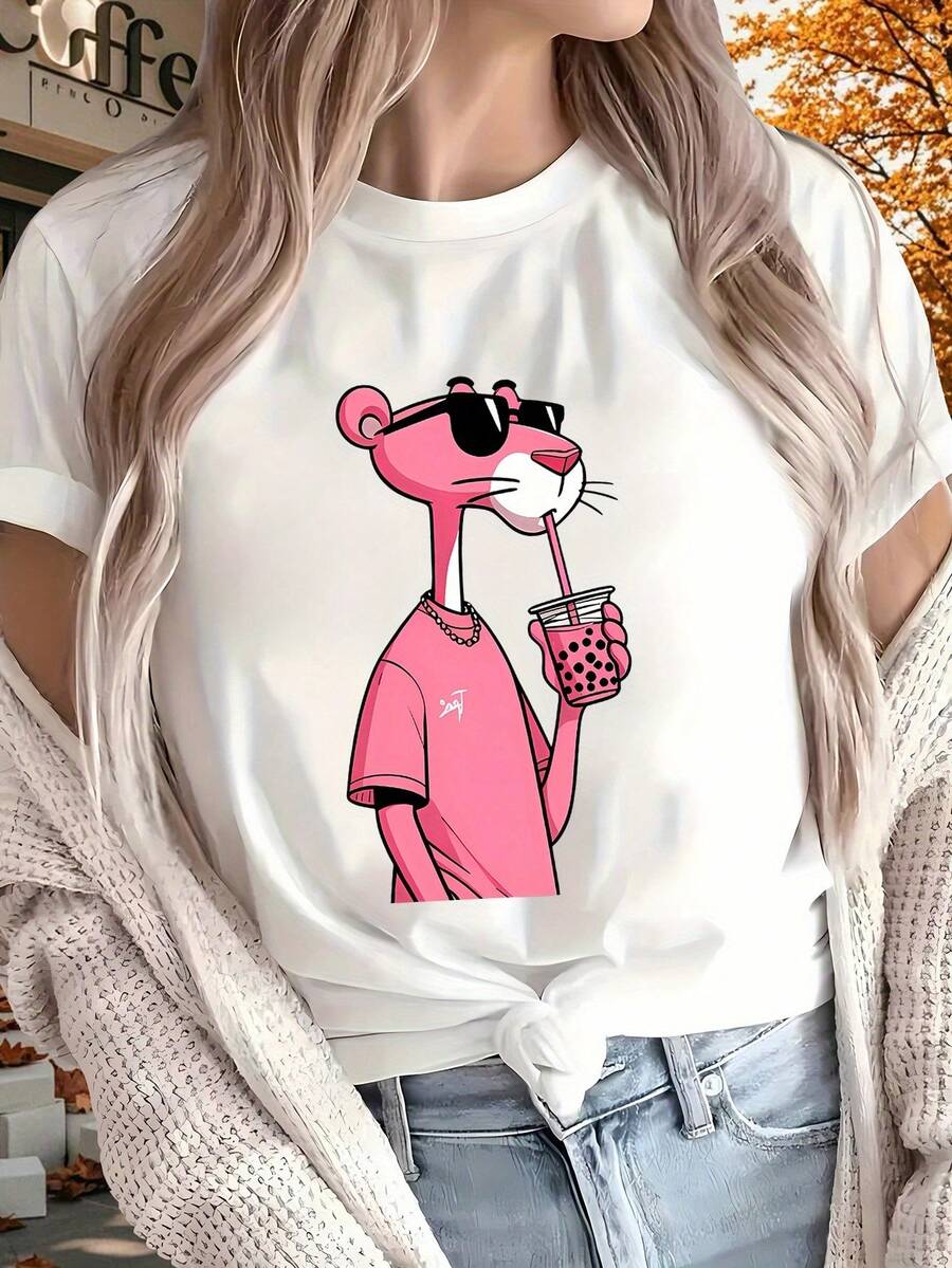 Women's T-Shirt | Cartoon Animal Print | Round Neck, Short Sleeve | Breathable And Machine Washable | Outdoor, Home And Sports Multi-Season Comfort | Casual Style Casual - 白色 - 查看 1