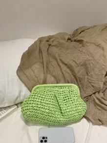 1 pieza Bolso de embrague con volantes tejido a mano de paja, bolso de paja macizo hecho a mano a ganchillo para mujeres, estilo casual de playa de vacaciones de verano bolso bandolera