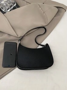 1件黑色PU皮革紋理平滑拉鍊純色休閒時尚腋下肩背法棍包，適合女性日常使用 - 黑色 - 查看 9