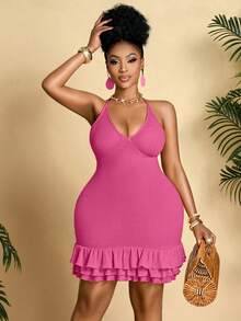 Women's Plus Size Casual Solid Color Sexy Halterneck Low Neck Slim Hip Wrap Dress, A Staple Of Hawaii Travel, Suitable For Vacation Dates