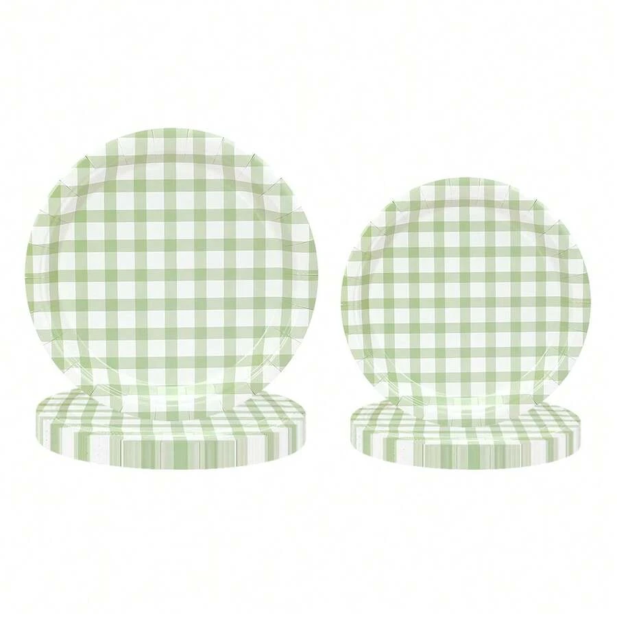 10 件/20 件/50 件鼠尾草绿派对装饰鼠尾草绿格子主题一次性纸盘格子盘用于格子晚宴婚礼派对礼品用品 - 綠白 - 查看 1