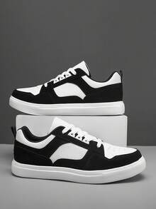 WANWEISI Men's Anti-Slip Lychee Embossed Letter Graphic Patchwork Lace-Up Sports Shoes, Outdoor Sports Skateboard Shoes - Men's Tennis - Black and White - View 2