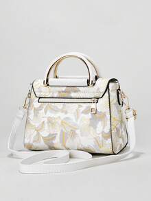 时尚全页印花女士单肩包，简约软皮翻盖方包，优雅花卉图案钱包，女士礼物，情人节甜美风包包 - 白色 - 查看 6