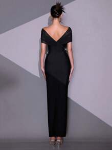 New Black Handmade Beaded & Rhinestone 3D Floral Off-Shoulder Fitted Long Bandage Dress, Elegant For Wedding Guest, Holiday Party, Formal Evening Gown