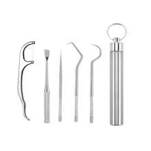 Set de 3/4/5/6/7/9 piezas de palillos de dientes de acero inoxidable con tubo portátil de almacenamiento, limpiador dental de metal para el cuidado y limpieza oral de los dientes