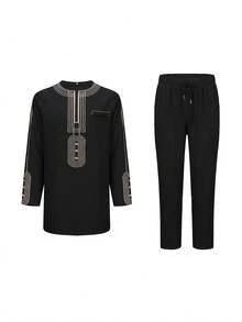 Traje tradicional para hombre, conjunto de 2 piezas con chaqueta de manga larga bordada de estilo africano y pantalones casuales para fiesta festiva - Negro - Ver 4