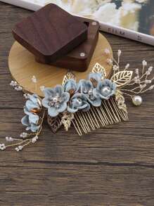 3 Stücke Braut Hochzeitskopfschmuck, blauer Blumen Haarkamm, perlenbestickter Strass Samt Blumen Haarschmuck für Braut