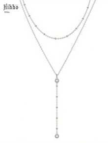 Hihho 1件欧美风格Y型双层锆石长流苏项链，适合性感女士晚礼服的珠宝配饰，独特的颈链（链上的珠子数量随机）