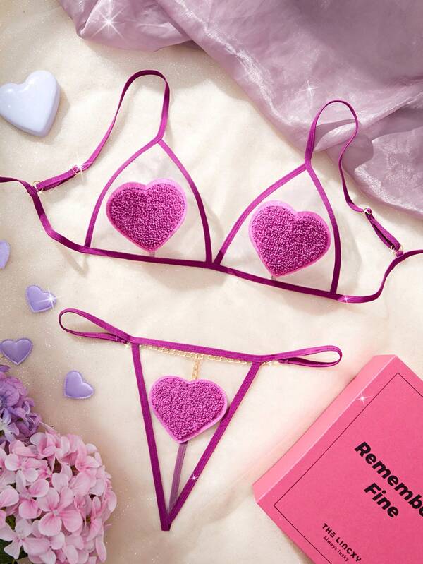 Conjunto de lencería romántica de tanga en V - Encaje francés con parches de lentejuelas, strass, tiras cruzadas, sujetador tipo bralette con estampado de corazón de malla y tanga, conjunto de lencería sexy para mujeres