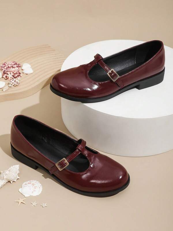 Mary Jane Button Decor Leather Effect Loafers, Retro Cute Buckle