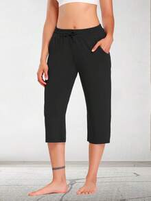 Stretch Lounge Capri Pants For Women Drawstring Waist Multi-Pocket Solid Design Trouser - màu đen - Xem 2