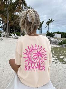 1 stuk Tween Girls bedrukte pullover abrikoos korte mouwen T-shirt, student jonge kinderen kleding, comfortabele en modieuze zomertop, meisjes zijn dol op