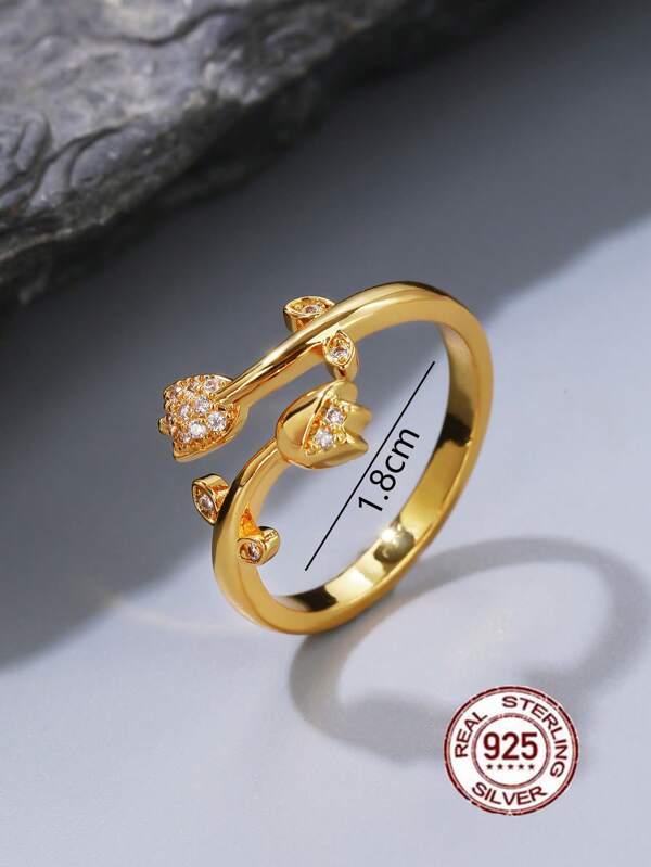 1pc Luxury 18k Gold-Plated, White CZ Decorated Tulip Flower Open Cocktail Ring, Glamorous Jewelry Gift For Women, Suitable For Everyday Wear And Dates