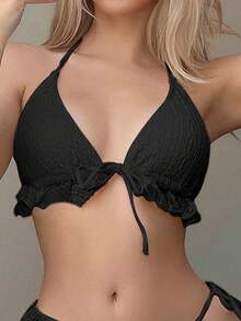 Traje De Baño Dama Tres Piezas Bikini Sexy Para Mujer,Set De 3 Piezas De Bikini De Verano Con Volantes Y Lazo En El Cuello Para Vacaciones En La Playa De Mujer - Negro - Ver 4