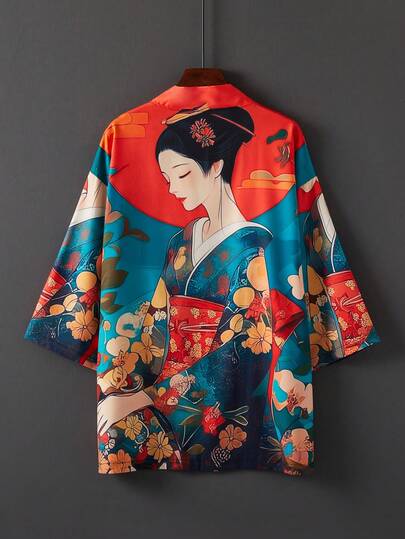 日本复古时尚宽松卡通女孩 3D 印花和服罩衫，轻盈超大海滩度假泳衣罩衫，夏季