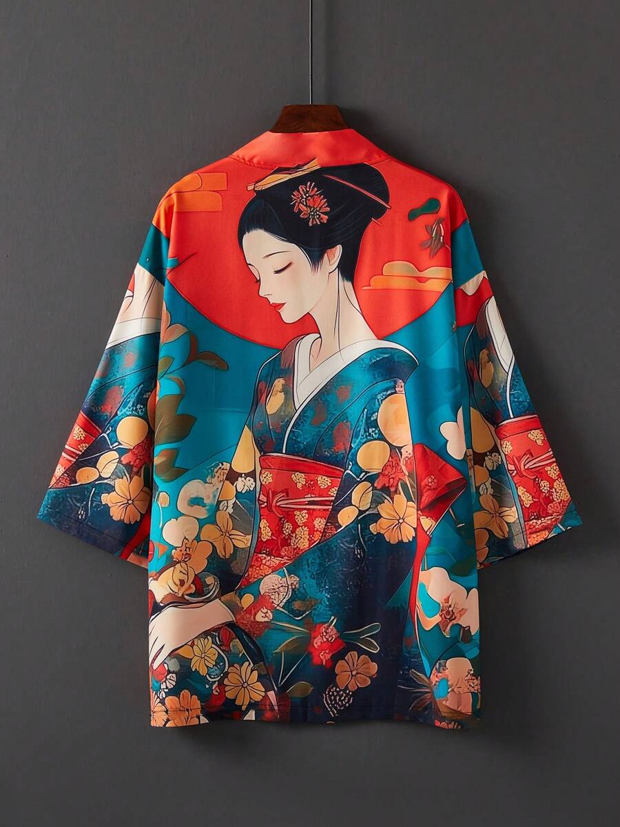 日本复古时尚宽松卡通女孩 3D 印花和服罩衫，轻盈超大海滩度假泳衣罩衫，夏季 - 紅色 - 查看 1