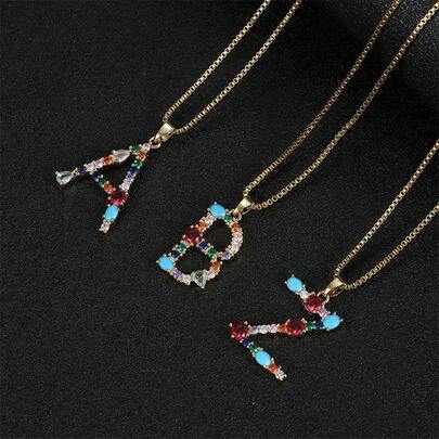 18K金盒式链项链，多色立方氧化锆字母吊坠，可定制姓名，女士礼物，字母A-Z