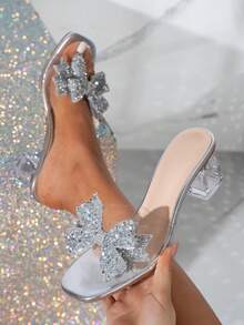 Women's Fashionable Square Toe Crystal Heel Diamond Slip-On Silver Bowknot High Heel Sandals, Suitable For Outings And Parties - Silver - View 9
