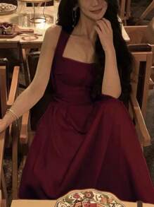 Elegant Lace Up Slim A-Line Bridesmaid Dress France Sleeveless Solid Party Graduation Midi Women Spring Summer