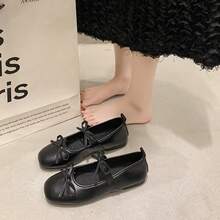 Las mujeres de fondo plano de boca poco profunda zapatos individuales de soja cuatro estaciones nueva cabeza cuadrada arco zapatos individuales retro zapatos perezosos - Negro - Ver 1