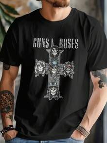 Hard Rock Band Guns N' Roses Graphic Tee Casual Digital Print  Pure Heavy Cotton T Shirt - 黑色 - 查看 1