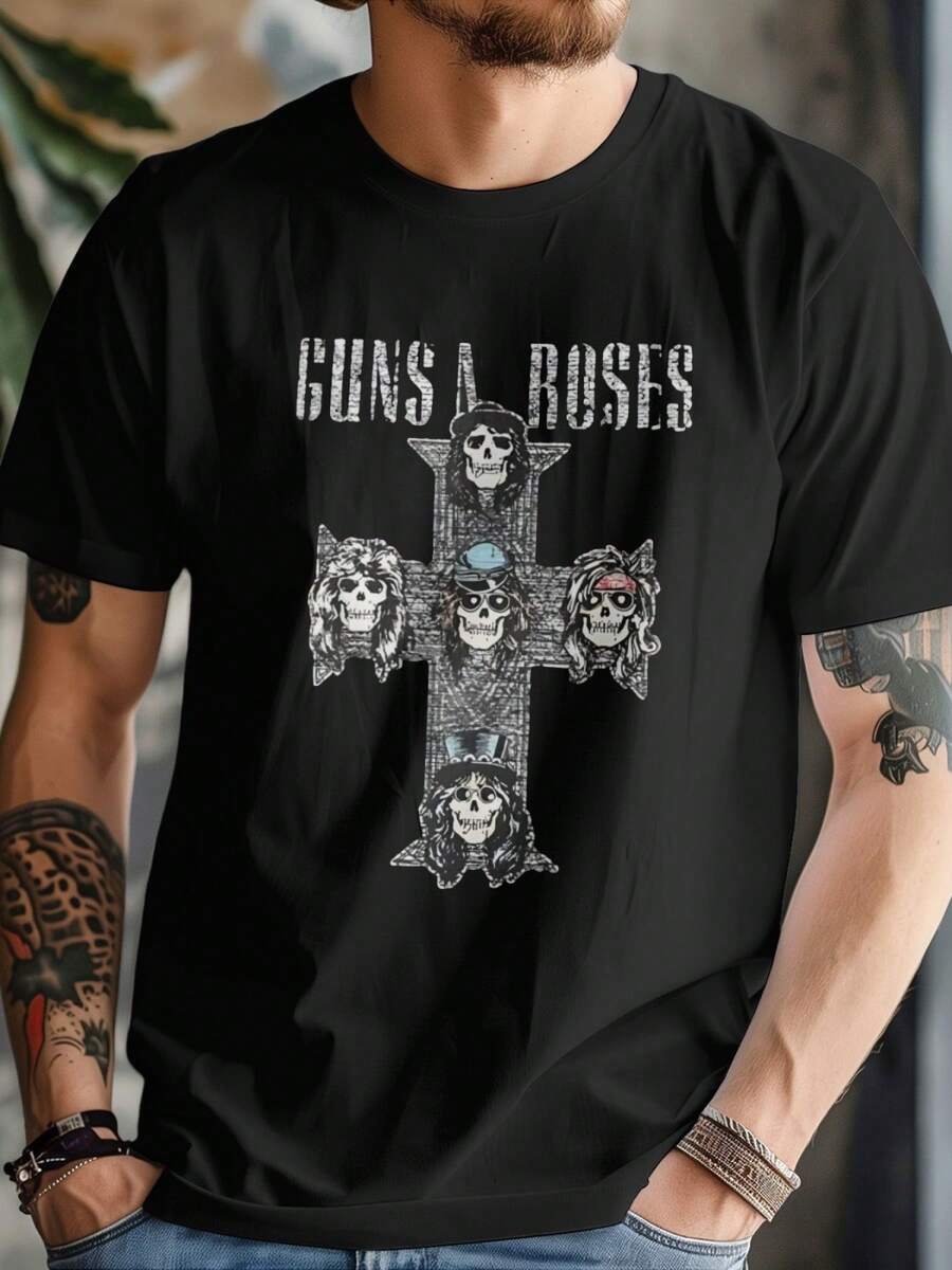 Hard Rock Band Guns N' Roses Graphic Tee Casual Digital Print  Pure Heavy Cotton T Shirt - 黑色 - 查看 1