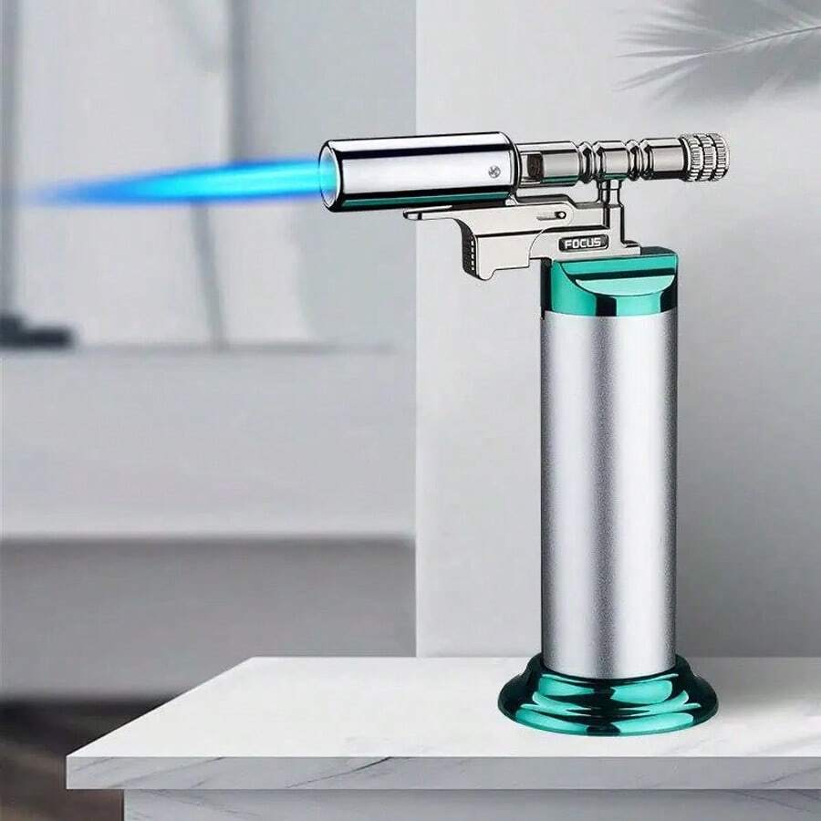 Professional Kitchen Butane Torch Lighter Powerful Windproof Blue Flame Jet Lighter Multi-Purpose Blow Torch Lighters For Outdoor Barbecue Cooking Soldering Refillable Metal Welding Gun (No Gas) - 銀色 - 查看 1