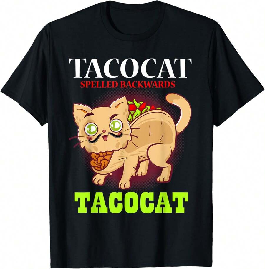 1 Pack Men's T-Shirt Tacocat (al revés) Comida mexicana, amor por los tacos y los gatos Camiseta de hombre - Negro - Ver 1