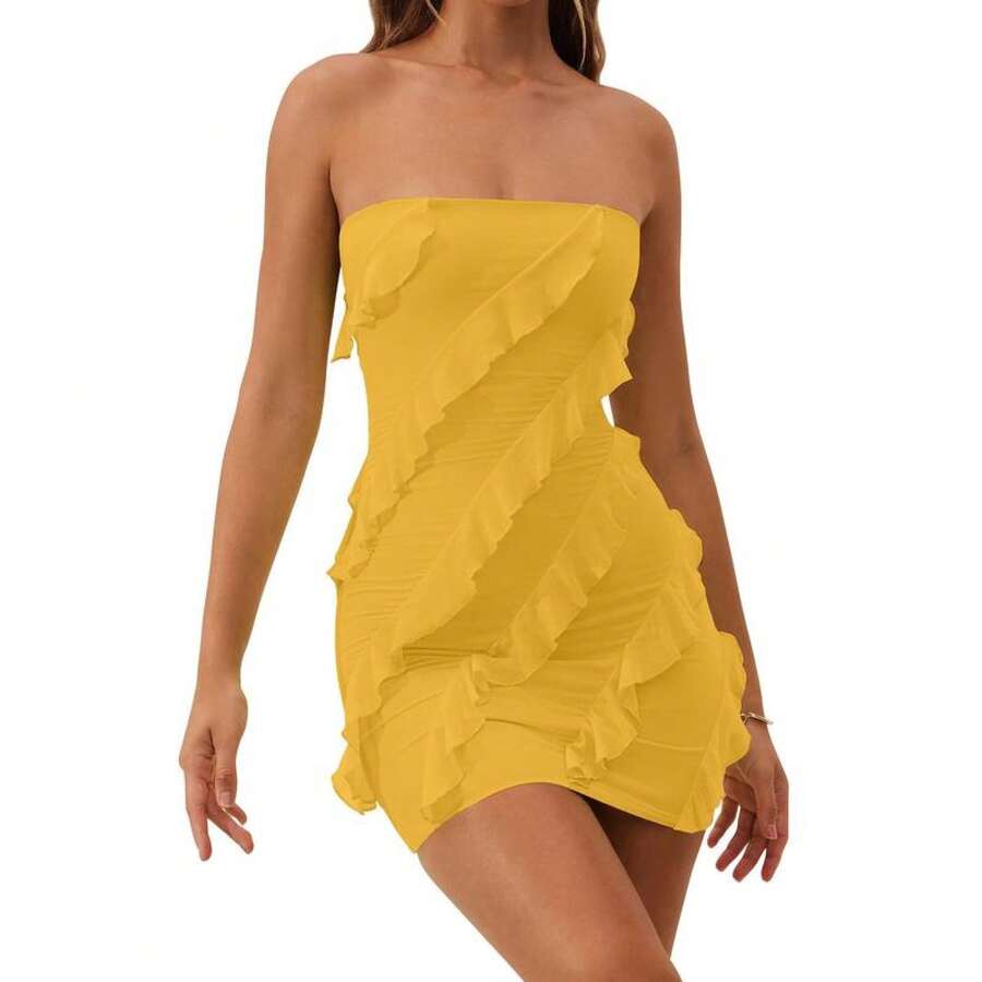 HOCILLE Women's Sexy Strapless Tube Top Bodycon Sleeveless Ruffle Mini Party Dress Backless Comfort Mesh Fabric 2024 Fashion Elegant Dress Summer Solid Color Formal Dresses For Women Short Party Dress - 黃色 - 查看 1