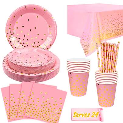 FRUITFUL PARTY. Pink And Gold Party Supplies, 121pcs Pink Gold Party Tableware Set - Pink And Gold Paper Plates Cups Napkins Tablecloth Etc Pink Party Tableware For Graduation, Wedding, Birthday, Holiday (Serves 24)