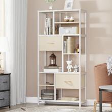 Bücherregal, 7 Regal Standregal, Freistehend mit Schubladen, Holzregal mit Stahlrahmen -von GeoTower- - Beige - Übersicht 2
