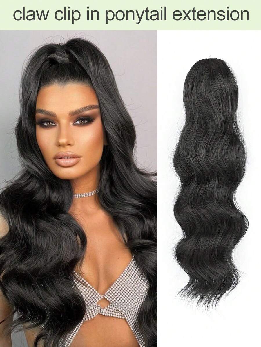 马尾辫接发，22英寸长波浪卷发爪夹马尾辫接发，天然合成纤维假发，适合女性日常佩戴（黑色） - 黑色 - 查看 1