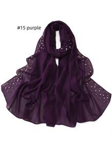 1 Peça Xale Longo de Chifom Elegante com Detalhes de Outono, Lenço Respirável Tradicional, Xale com Pedras de Pérola para Mulheres Muçulmanas