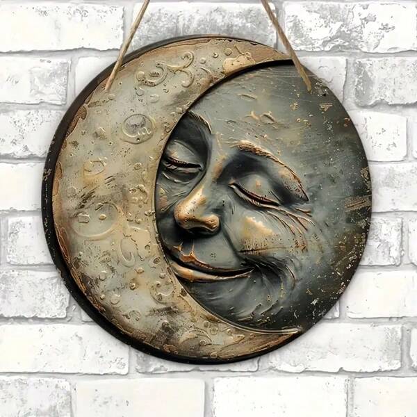 1 pieza, Placa de madera redonda de 7.8 pulgadas con diseño de luna creciente sonriente - Arte de pared bohemio hecho a mano, Adecuado para decoración del hogar, cafetería, restaurante, garaje o porche - Regalo perfecto para amigos y familiares, No se necesita electricidad, Decoración de restaurante | Colgante de pared de estilo campestre | Decoración estacional, Decoración lunar