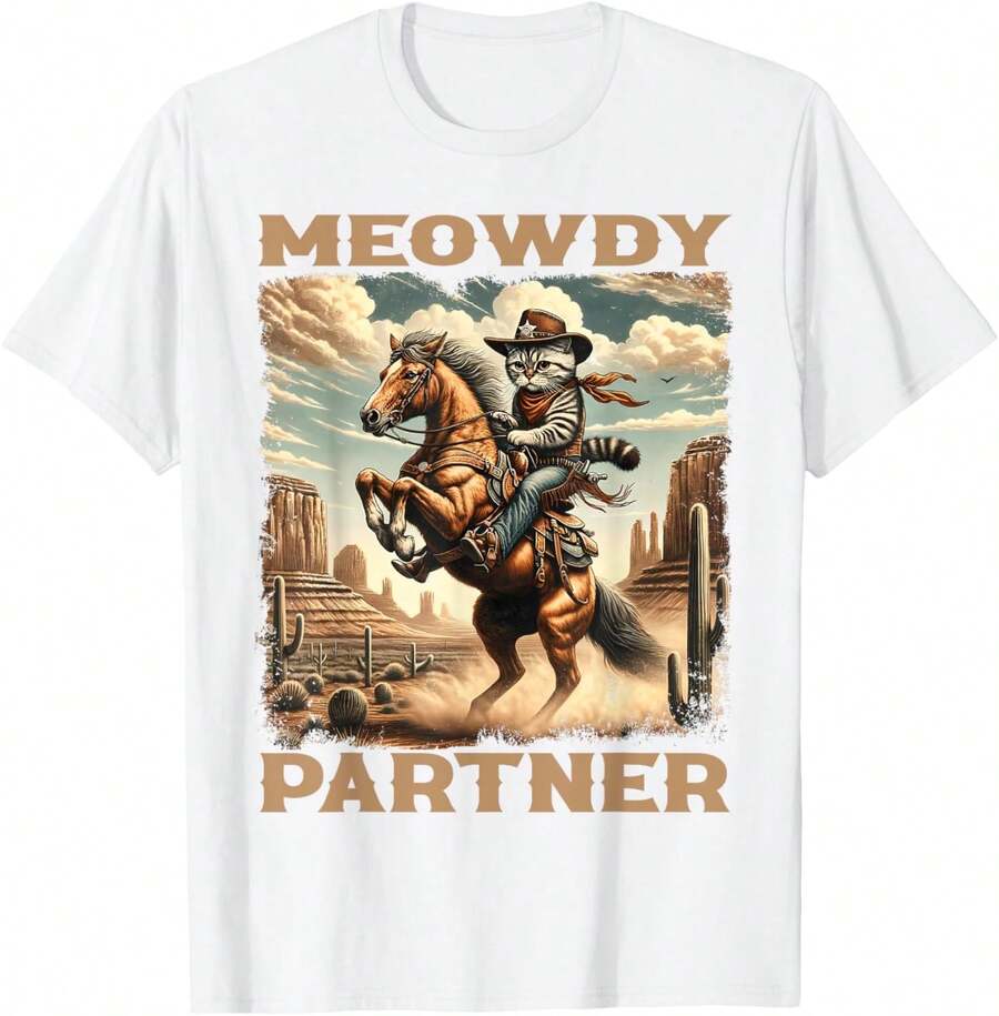 1 Pack Men's T-Shirt Miau, gato vaquero con sombrero vaquero, ¡Hola! Camiseta de hombre - Blanco - Ver 1