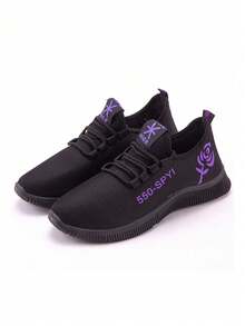 Las mujeres de malla transpirable Impreso Patrón Casual Zapatillas de deporte, tenis de mujer, zapatos de mujer, suela blanda cómoda resistente al desgaste suela ligera, Moda Ronda Toe Pareja plana Zapatillas de deporte, Adecuado para el uso diario, viajar, deportes. - Morado - Ver 3