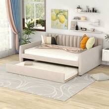 Full Size Upholstered Daybed With Trundle And Wood Slat Support, Beige(Old SKU:LP000121AAA) - 1 - View 2
