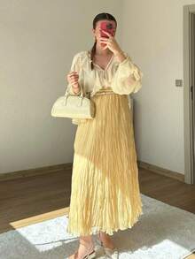 女士时尚纯色优雅百褶裙夏季休闲松紧腰半身裙 - 黃色 - 查看 2