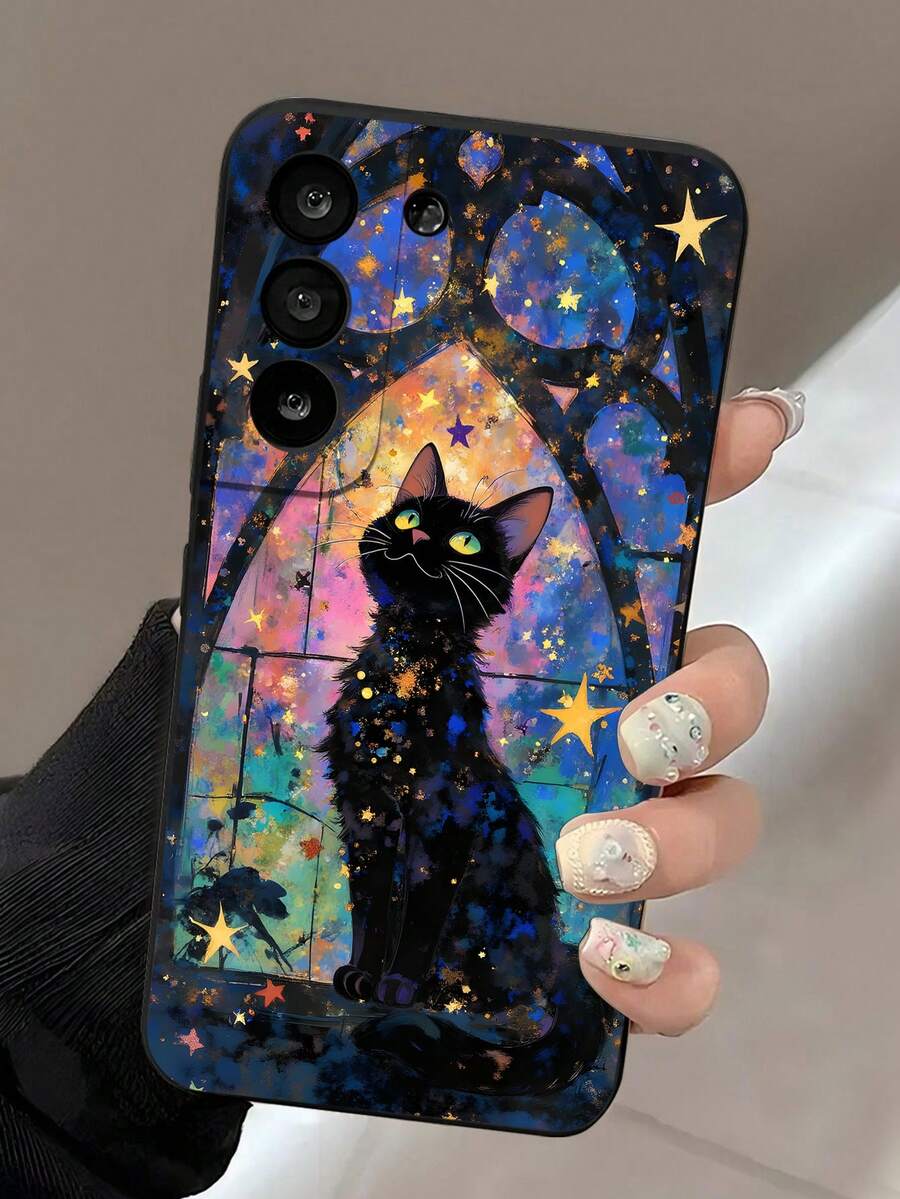 Halloween Phone Case 1pc Minimalist Starry Sky Cat Print Anti-Slip Silicone Phone Case, Compatible With Samsung/Redmi/OPPO/Honor Waterproof Shockproof Anti-Fall Scratch Resistant - Multicolor - View 1