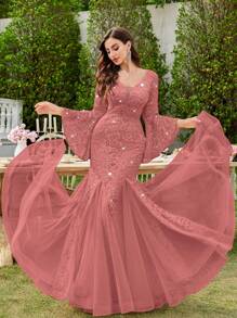 MIUSOL 深 V 领亮片花卉蕾丝撞色网眼喇叭袖美人鱼正式派对礼服婚礼宾客礼服晚礼服