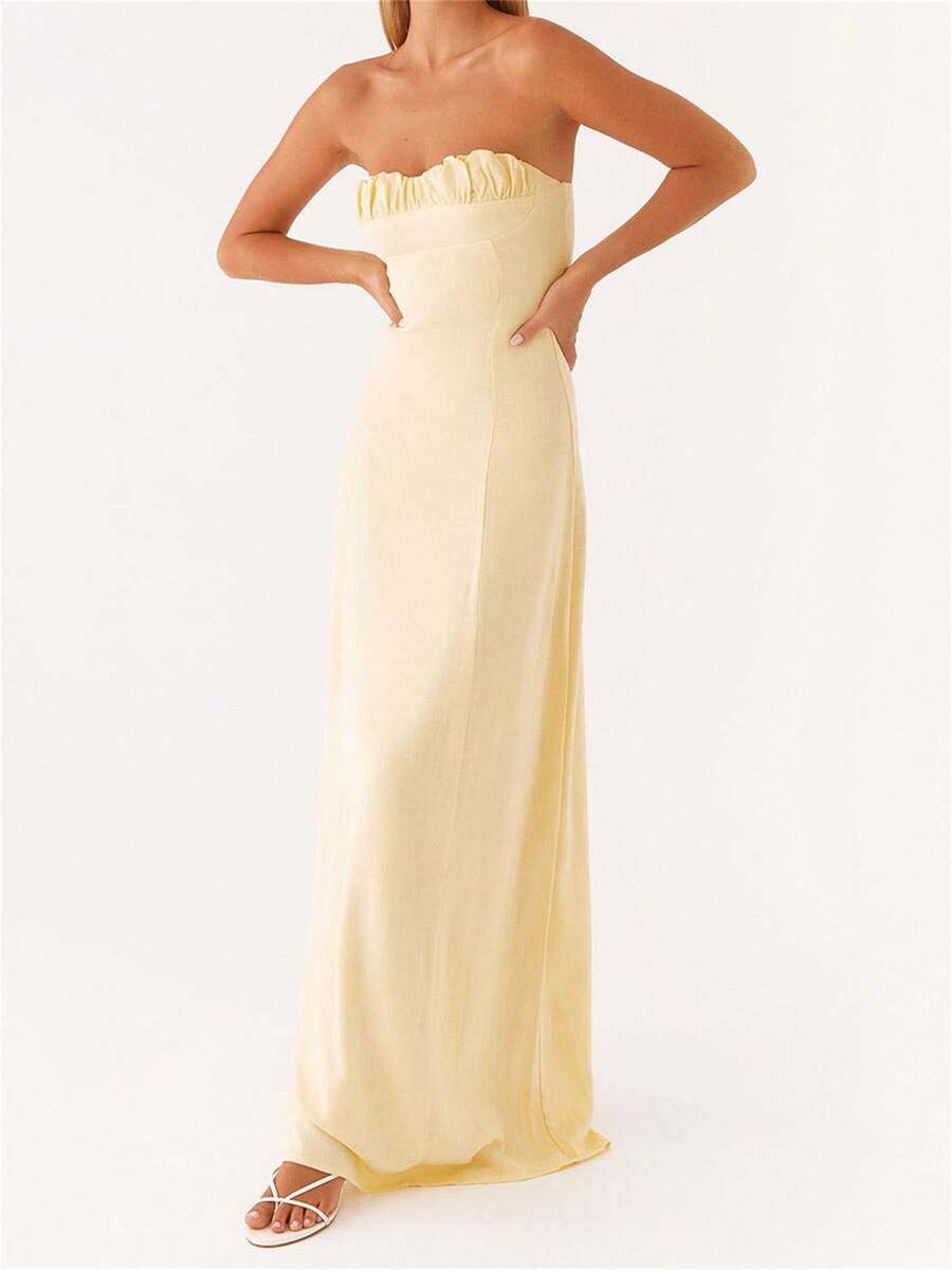 Women Y2k Summer Elegant Strapless Maxi Dress Tube Top Dress A Line Flowy Long Tube Dress Off Shoulder Wedding Party Cocktail Dresses - Màu vàng - Xem 1