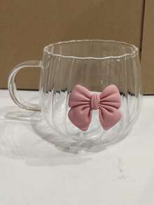 1pc Glass Coffee Cup, Girly Bow Design, Suitable For Cappuccino, Milk, Juice