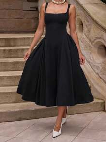 WOWDARK Damen Herbst einfaches einfarbiges Quadratausschnitt A-Linie Slip Kleid