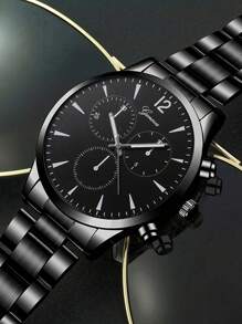 4-Piece Men's Luxury Gift Set: Stainless Steel Quartz Watch, Cross Pendant Necklace, Bracelet And Ring, Perfect Business & Casual Accessories - Ideal Gift For Him