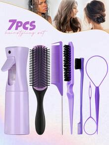 5/7件套美发工具套装，包含法式编发工具环、9排尼龙软垫造型刷、200毫升连续喷雾瓶、蓬松发梳、尖尾梳、边缘梳（用于梳理发际线和后脑勺）、边缘控制梳、尖尾梳、长钢针尖尾蓬松梳、精准分缝梳、蓬松梳发刷、返校季、发刷、发刷 - 彩色 - 查看 4