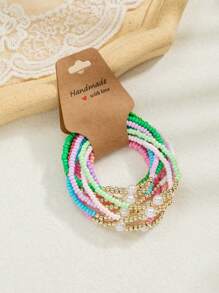 12pcs/Set Bohemian Beach Holiday Style Colorful Uniform Beaded Bracelet Set, Elastic Cord Faux Pearl CCB Beads Suitable For Women Resort Wear
