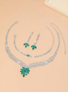 4pcs Green Crystal Leaf Design Jewelry Set For Women, Bridal Crystal Necklace, Bracelet And Earrings Set, Suitable For Weddings, Parties, Evening Dresses
